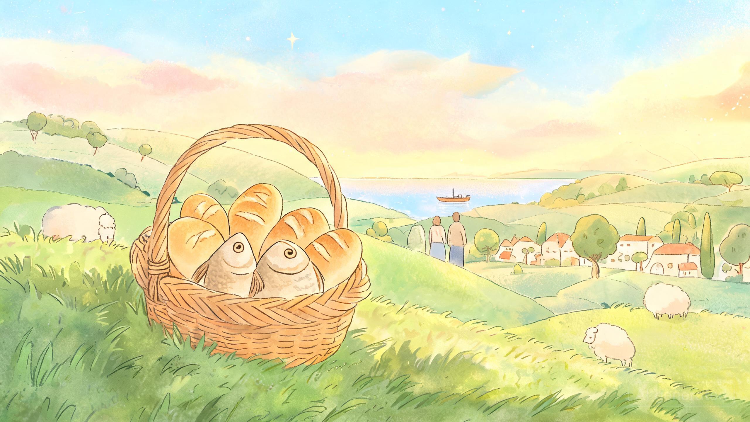 A small woven basket containing two fish and five loaves of bread, sitting on a grassy hillside under a soft, warm sunset sky.