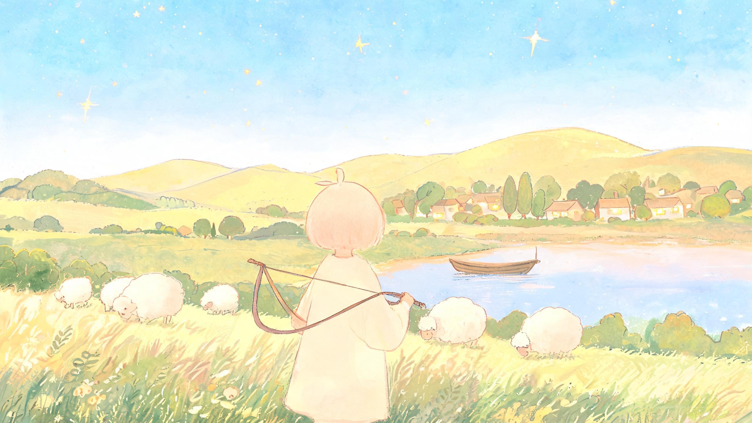 A small, calm figure holding a sling, standing peacefully in a field with soft, warm lighting, no faces visible, no text.
