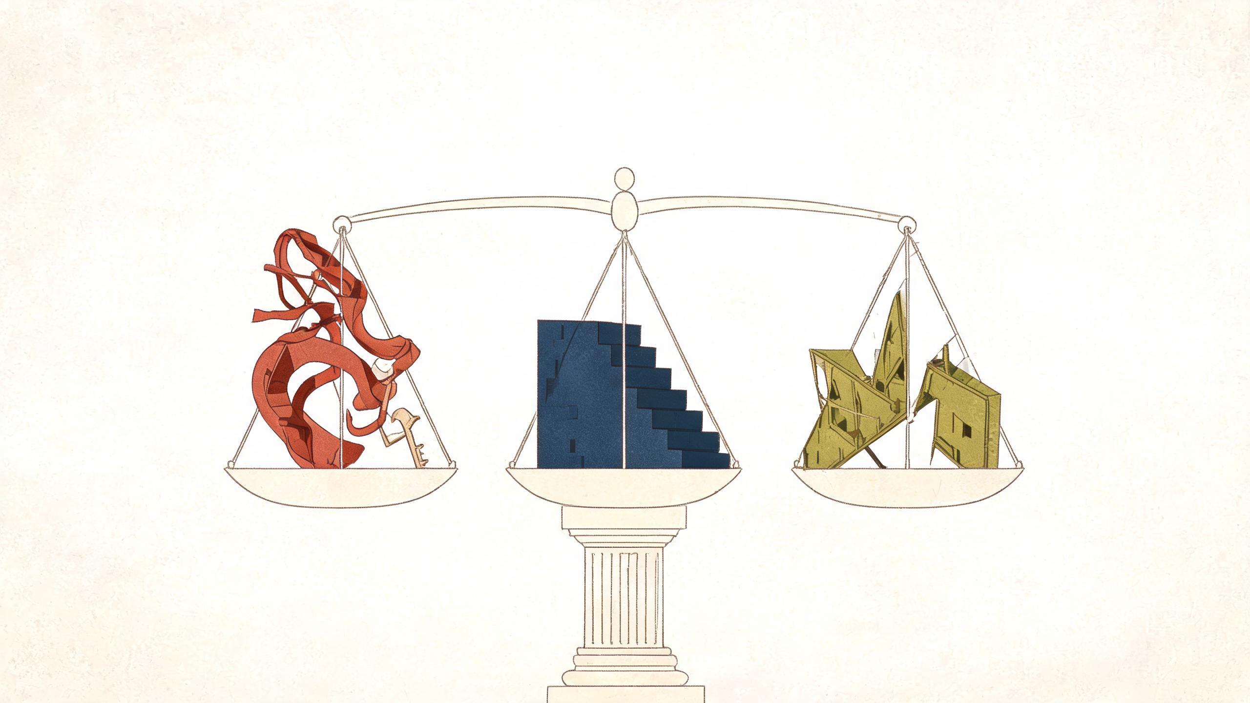 A three-part balance scale with abstract weights labeled 'Unfair', 'Deceptive', and 'Abusive' in a neutral, professional setting.