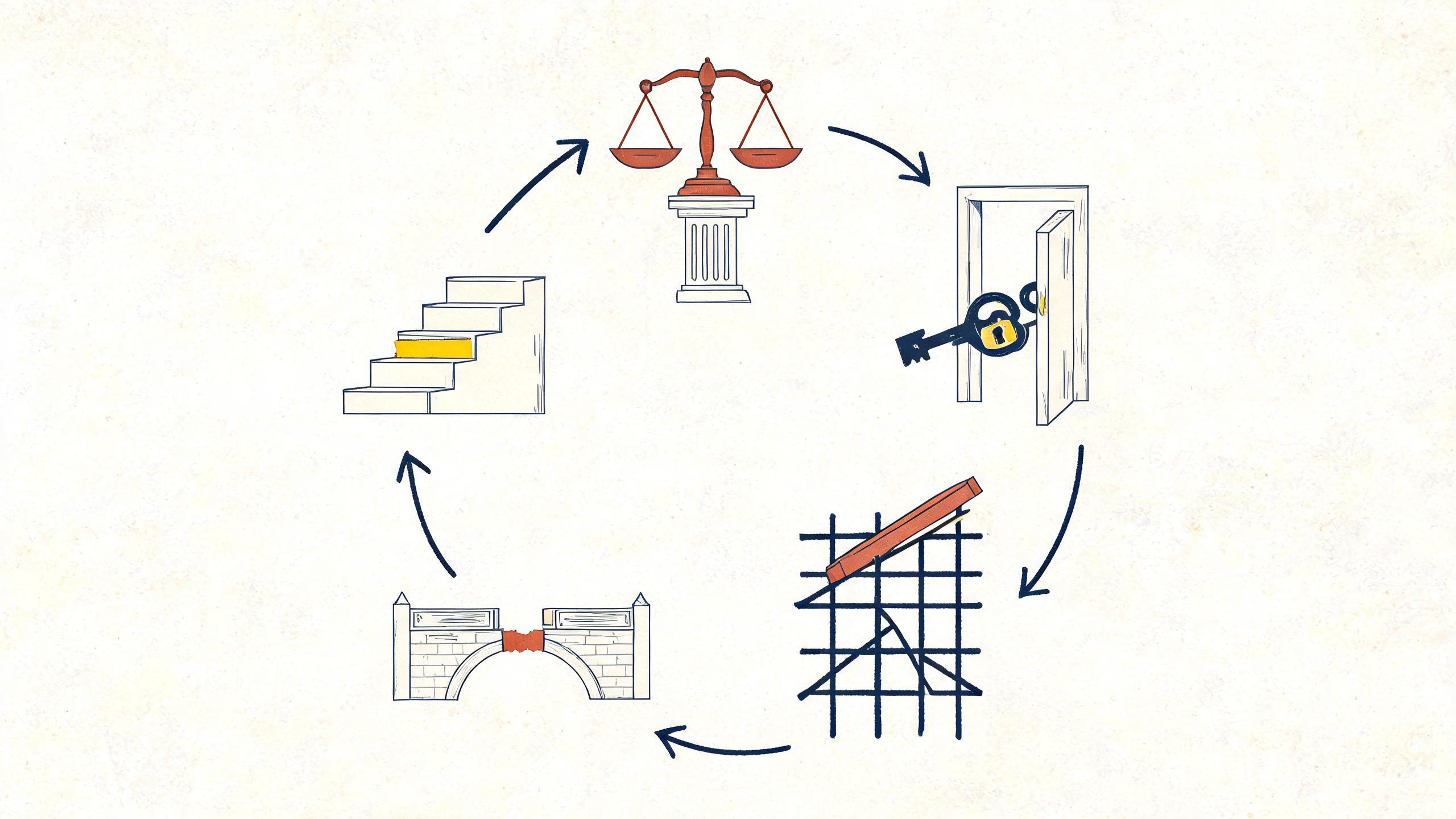 A conceptual diagram showing five distinct warning symbols or icons representing different types of security alerts, arranged in a circular flow to suggest a continuous monitoring process.