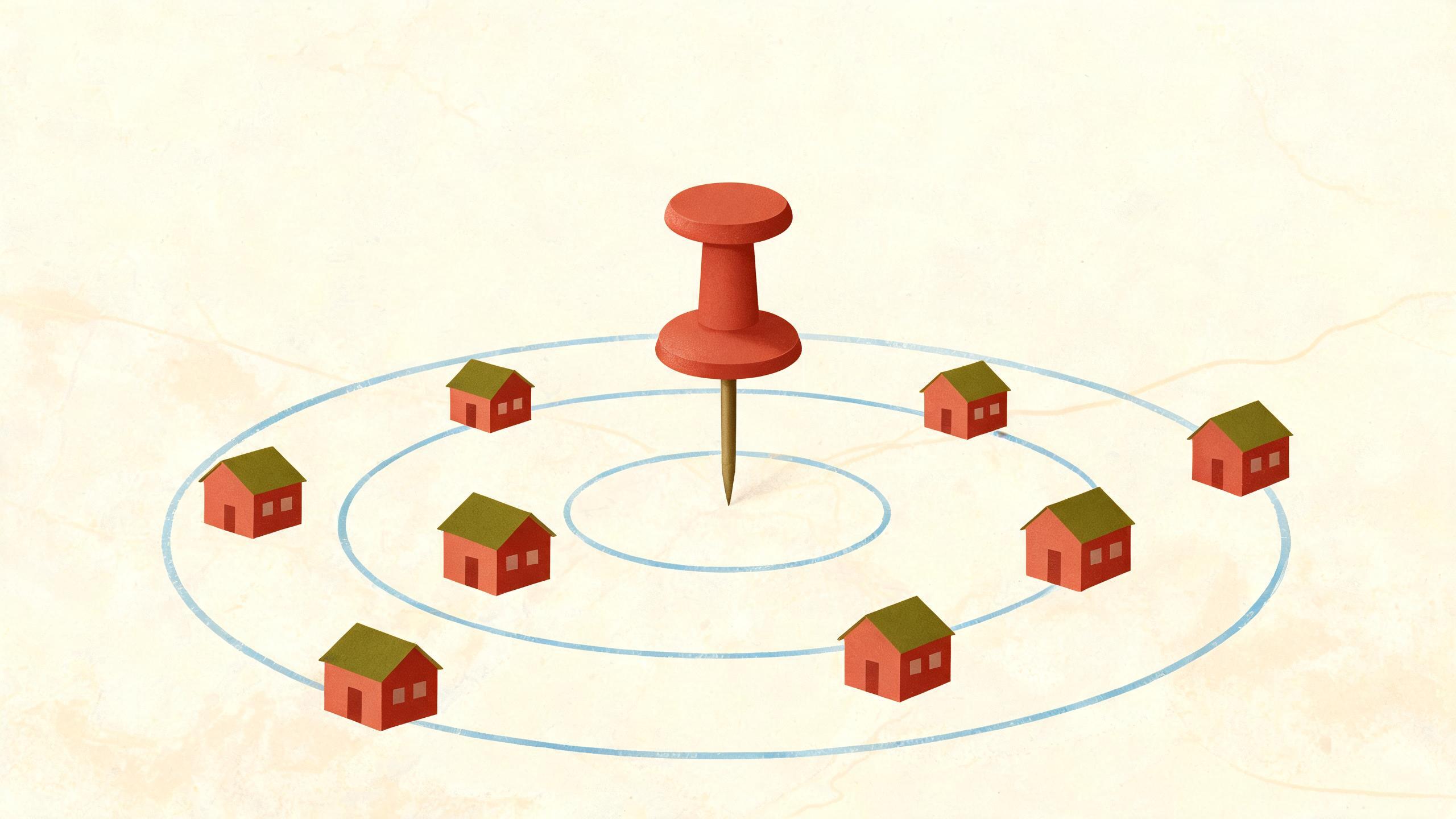 Illustration of a map pin with circles marking a service radius, surrounded by small houses