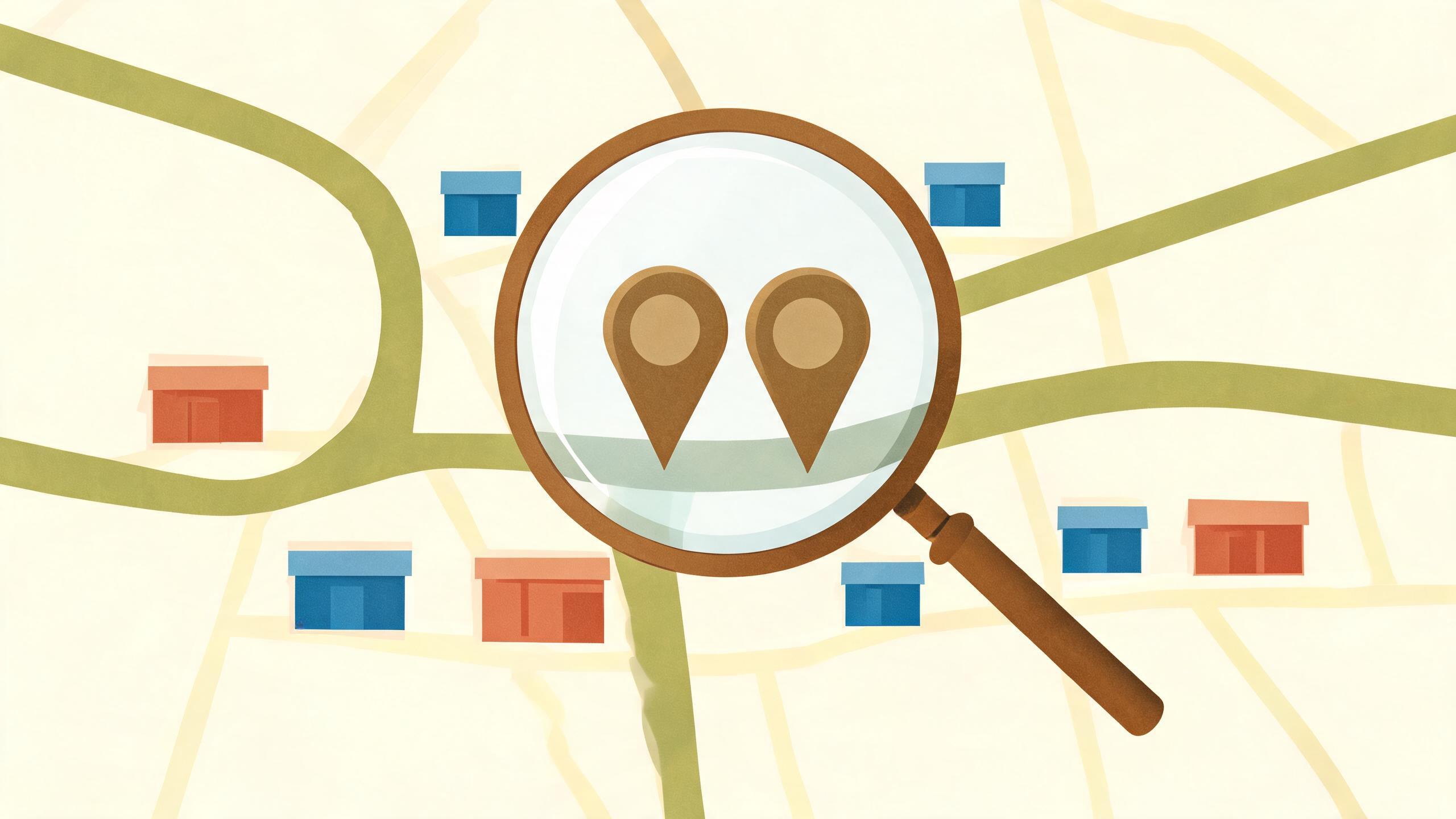 Two identical map pins side by side on a simple street map, with a magnifying glass hovering over them, flat muted illustration