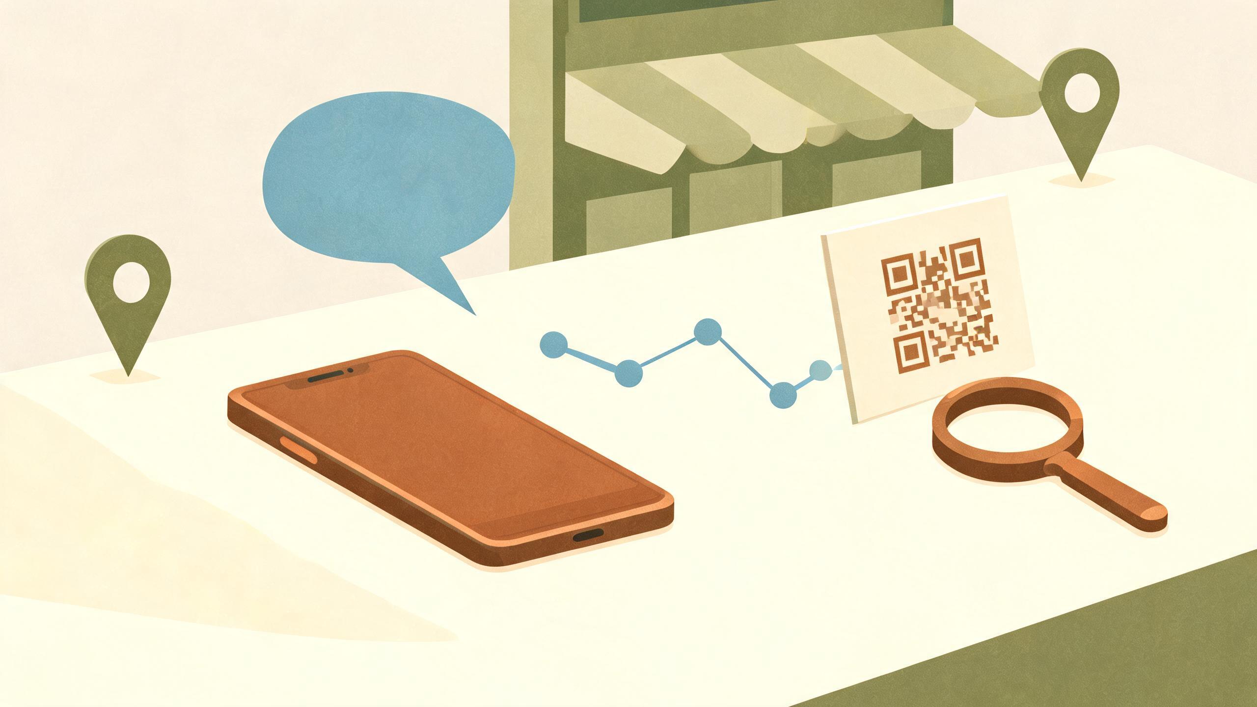 A phone and a small printed card with a scannable square pattern resting on a shop counter, simple flat shapes