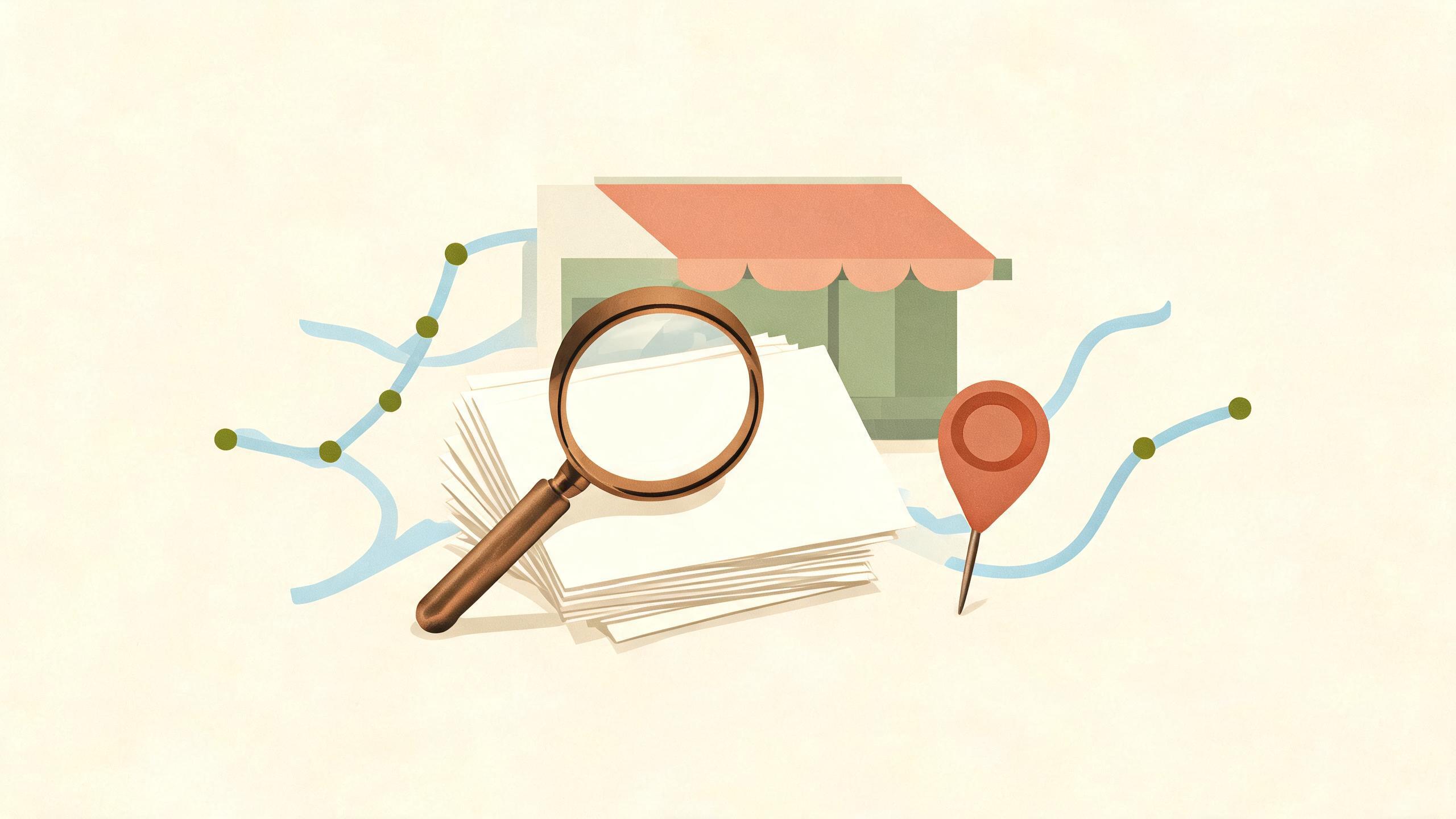 A magnifying glass over a stack of paper cards beside a map pin