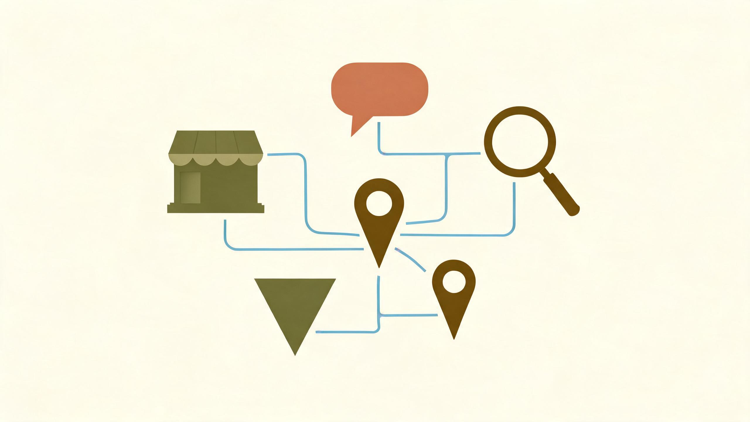 a map pin linked by simple lines to small storefront shapes and speech bubbles on a warm background