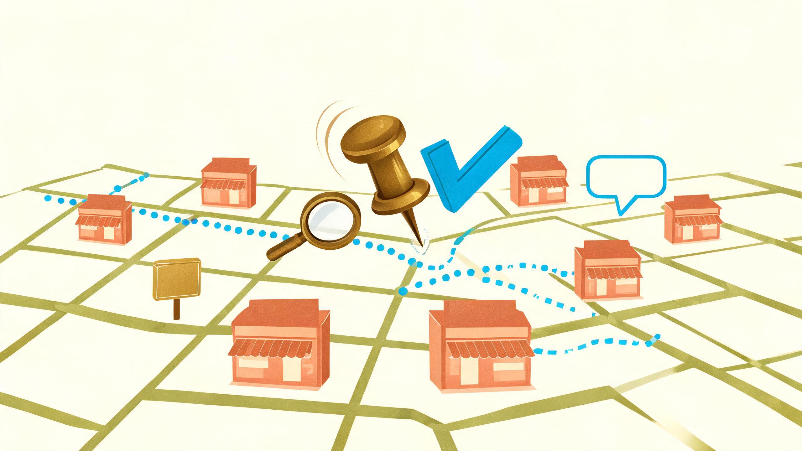 A stylized map pin dropping onto a simplified city grid, with a checkmark appearing next to it, symbolizing verification and optimization.