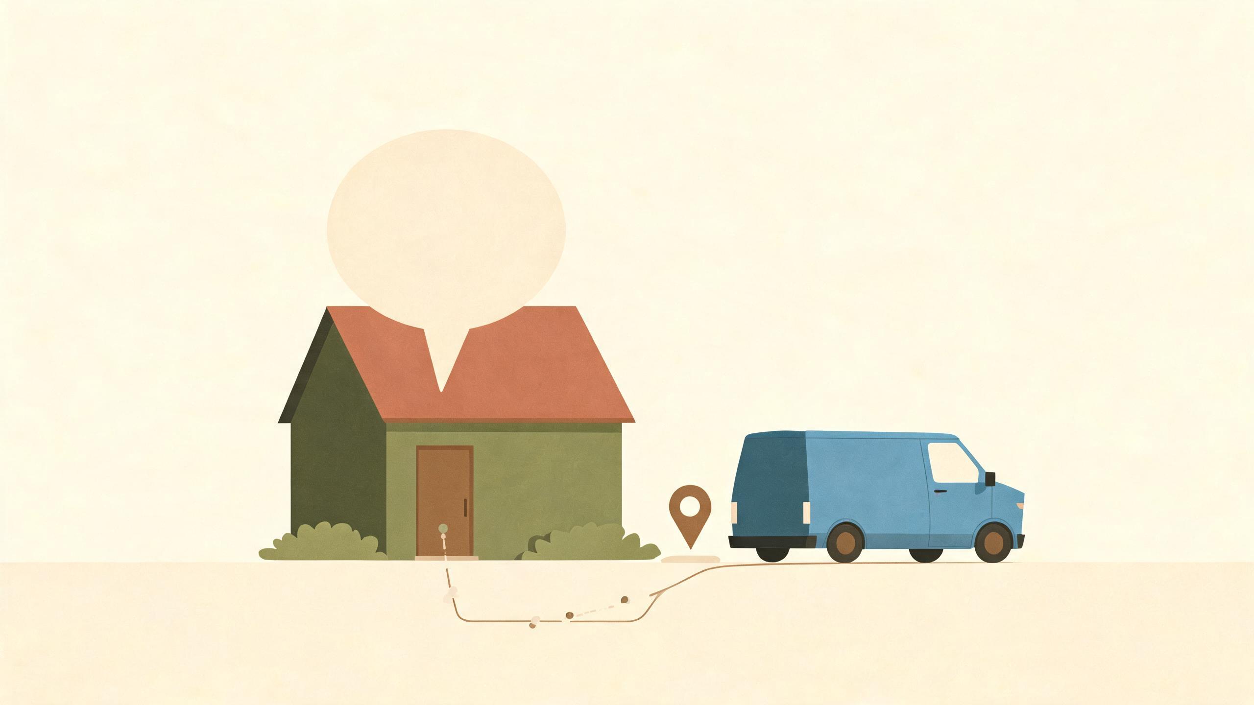 Illustration of a plumber's van parked outside a small house, with a speech bubble above the front door