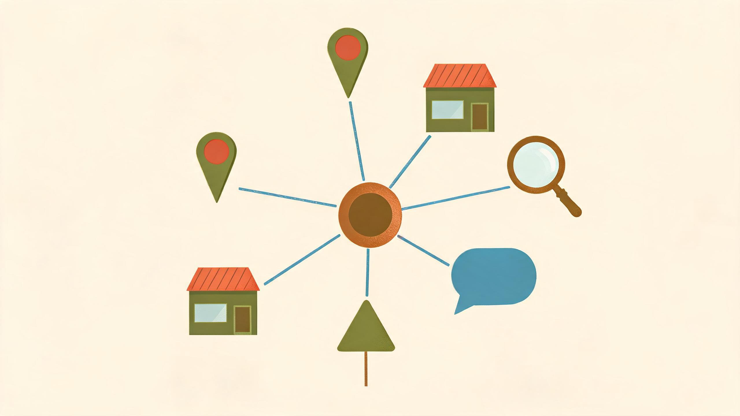 Illustration of a central hub connected by lines to small storefronts and map pins