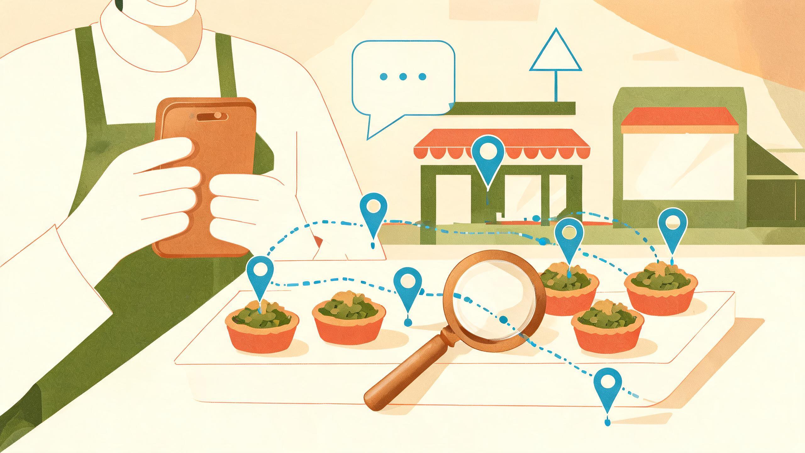 A cafe owner photographing a tray of pastries with a phone at a counter, flat muted illustration