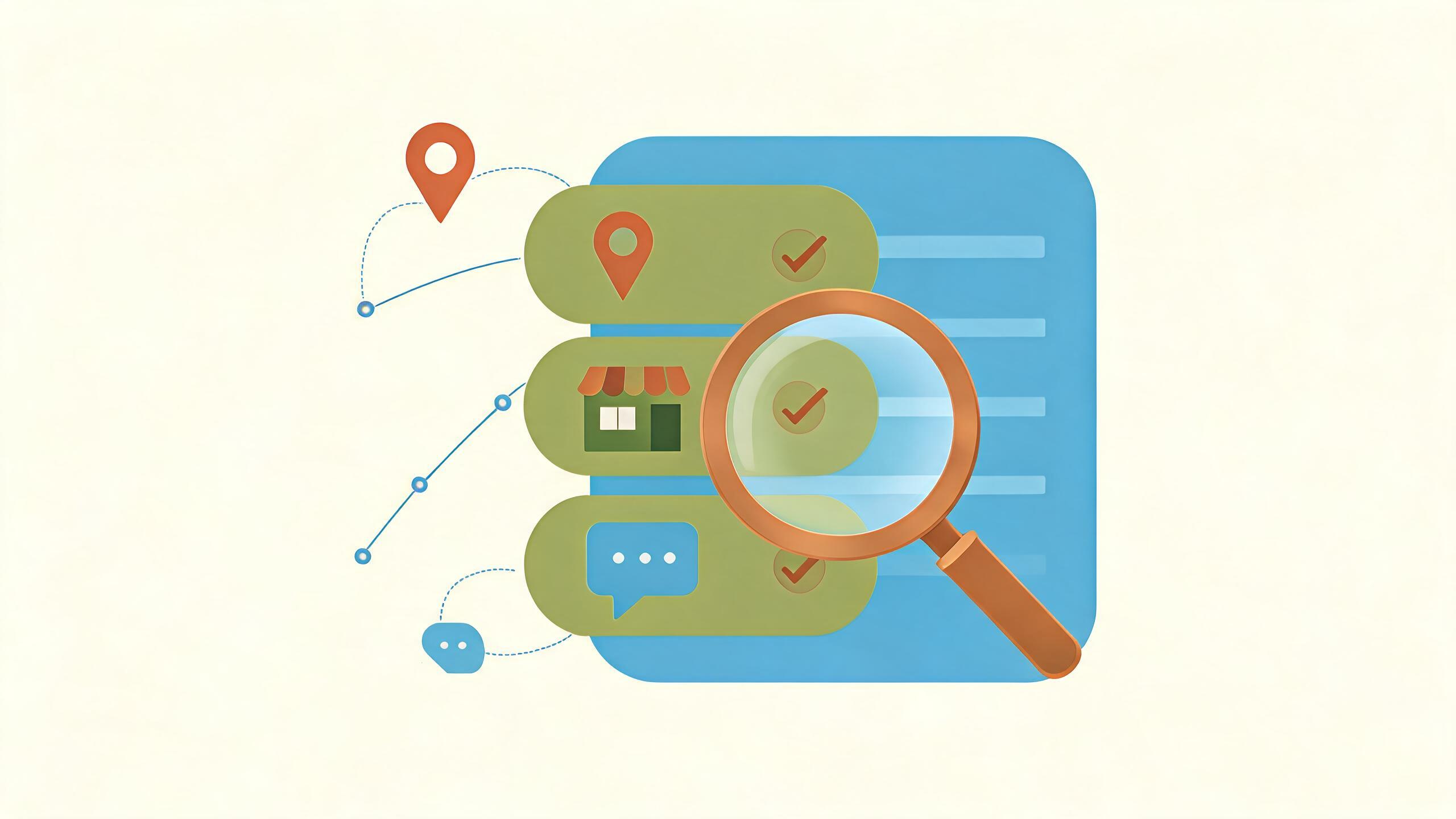 A magnifying glass hovering over a digital interface showing a dropdown menu with checkmarks, symbolizing selection and verification.