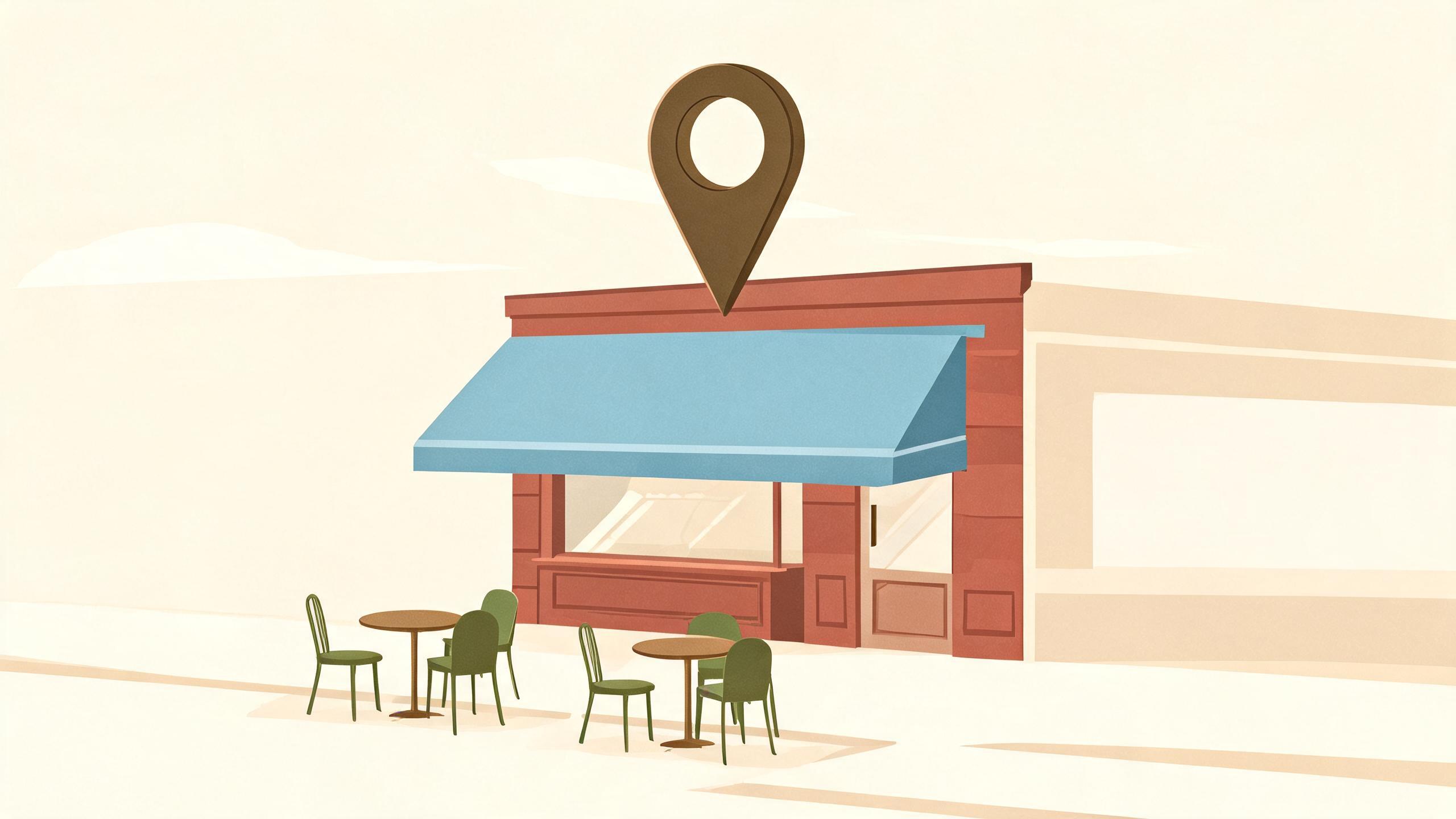 A small corner bistro with an awning and two empty outdoor tables under a map pin