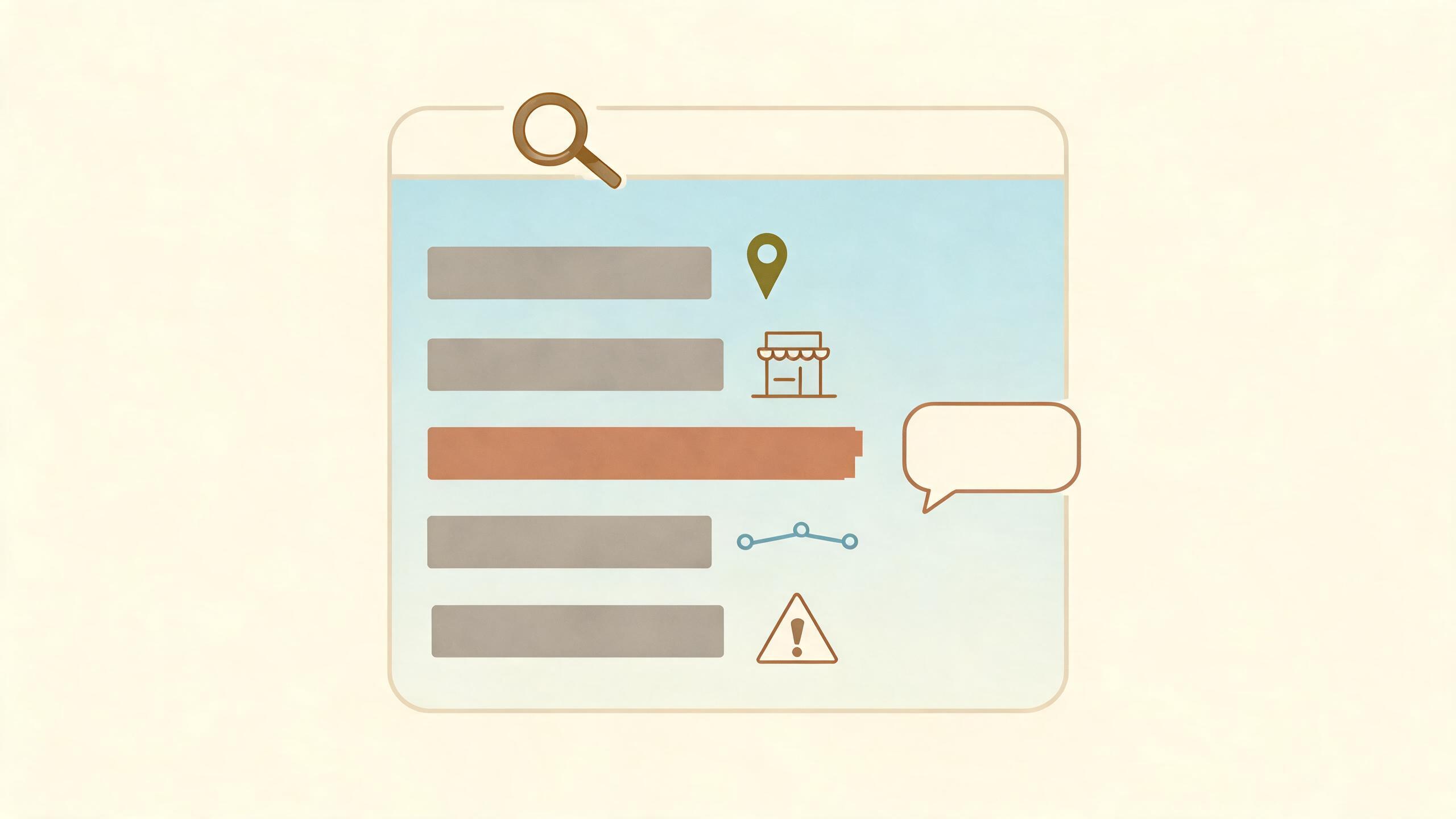 A simple browser window outline above a list of plain gray result bars, one bar highlighted and slightly cut off at its right edge, flat muted illustration
