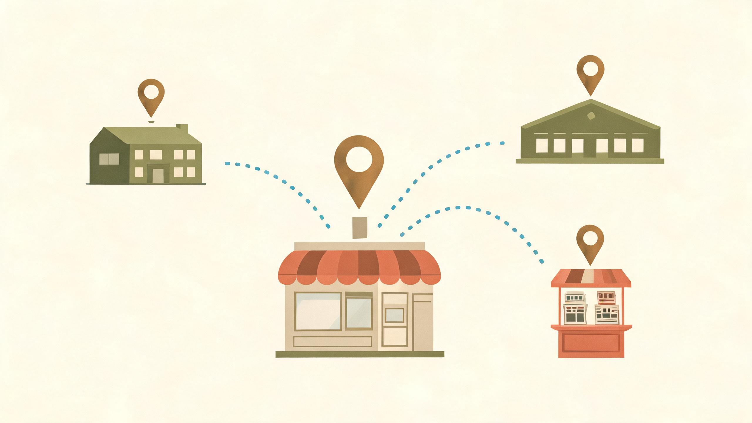A small storefront at the center of a simple town map, connected by thin dotted lines to a school, a community hall and a newspaper stand, flat muted illustration
