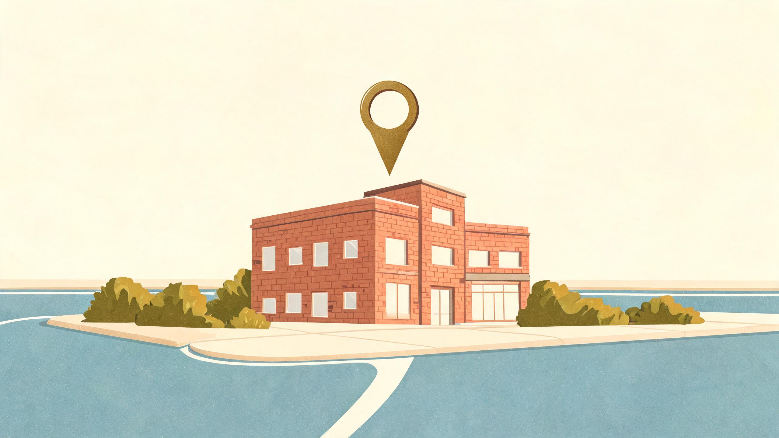A small brick office building with a map pin above it on a quiet street corner, flat muted illustration